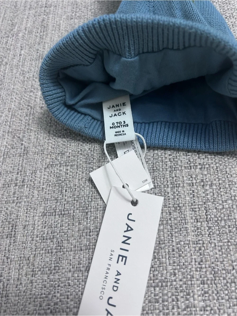 Janie and Jack Dusty Blue Pom-Pom Knit Beanie Embroidery NWT. SIZE 0-3M